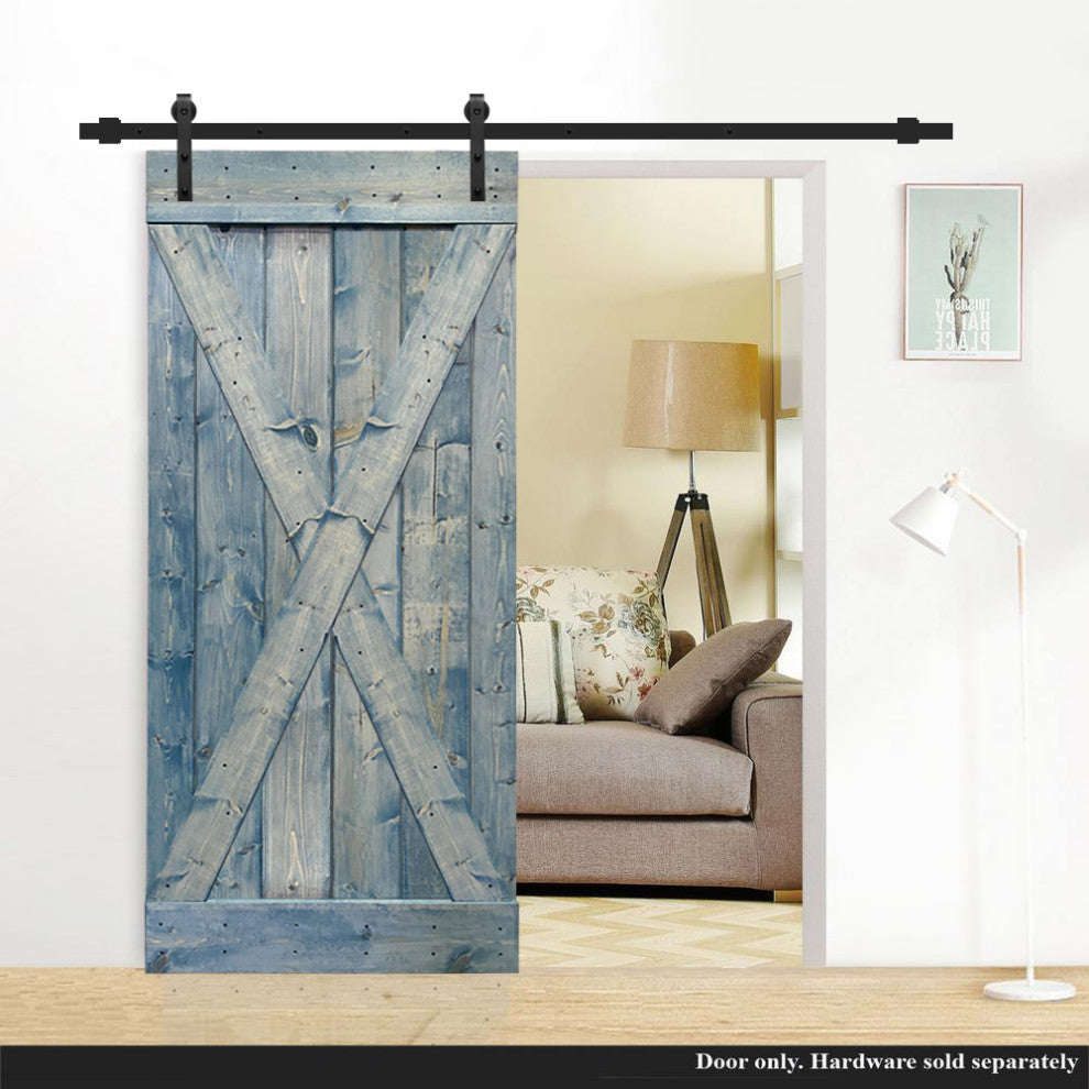 Stained Solid Pine Wood Sliding Barn Door, Denim Blue, 38"x84", X Series