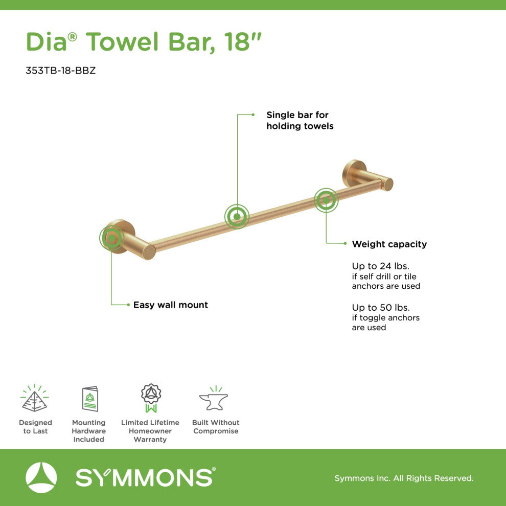 Dia 18 Inch Towel Bar with Mounting Hardware, Brushed Bronze