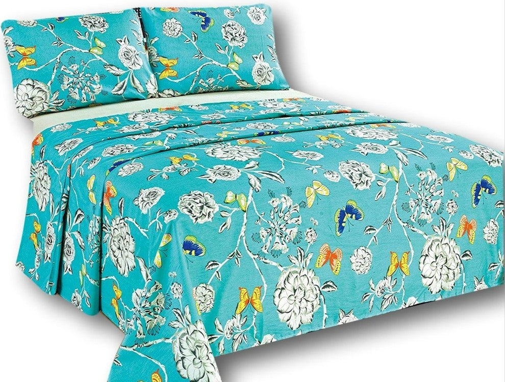 Pattern Flat Sheets, Aqua Floral Butterfly, Twin