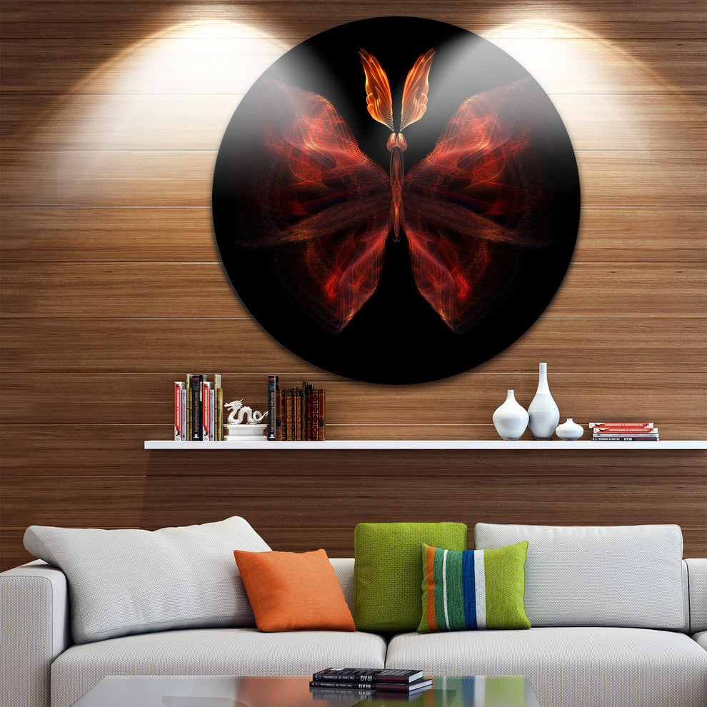 Red Fractal Butterfly In Dark, Abstract Art Round Metal Wall Art, 11"