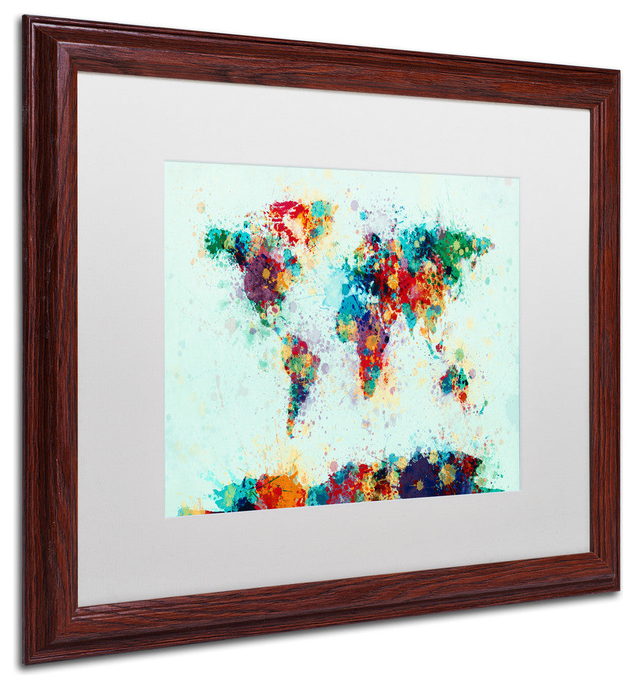 Michael Tompsett 'World Map Paint Splash' Matted Framed Art, White Mat, 20"x16"