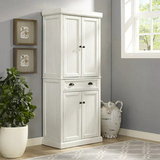 Tall Pantry Cabinet, Breadboard Paneled Doors & Storage Drawer, Distressed White