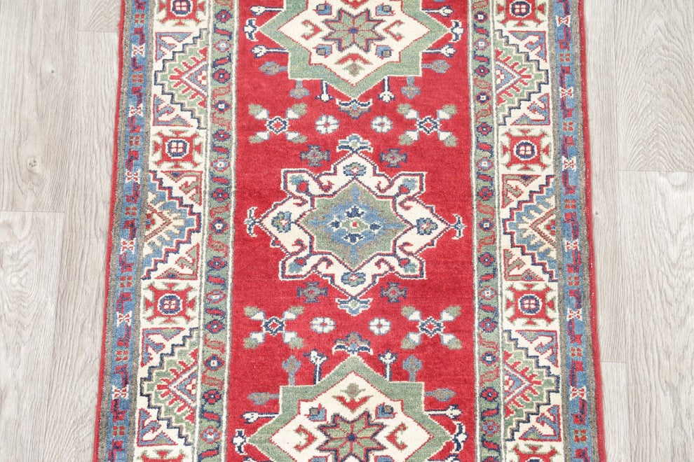 Hand Made Kazak Oriental Pakistani Traditional Runner Wool Rug, Red, 7'4"X2'10"