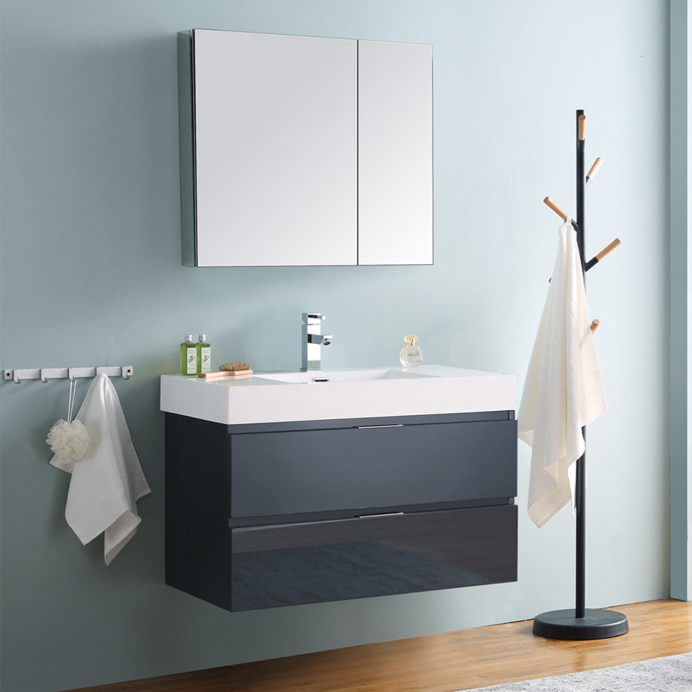 Valencia Wall Hung Bathroom Vanity, Medicine Cabinet, Dark Slate Gray 36"
