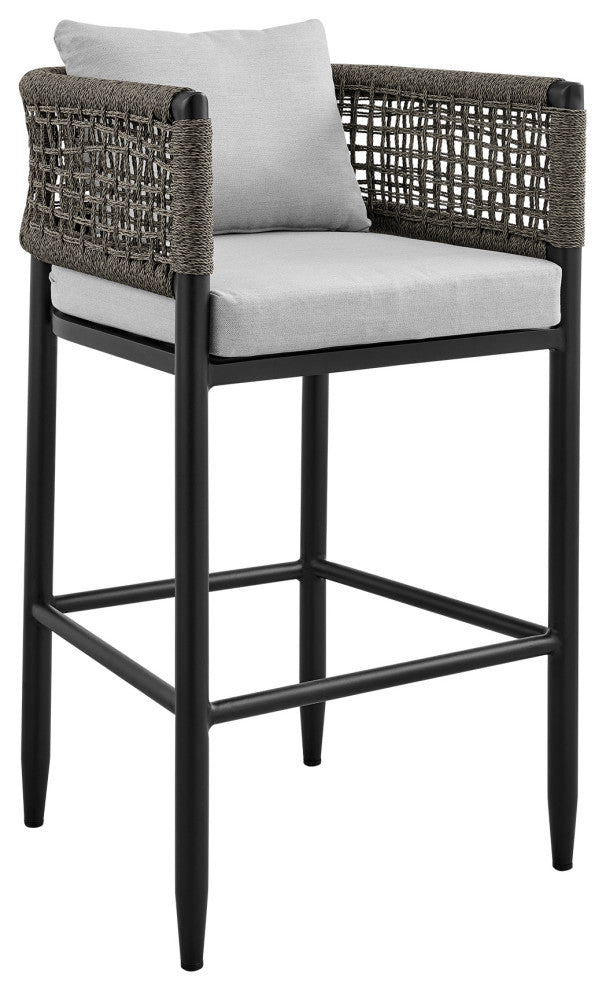 Felicia Patio Stool, Metal With Gray Rope and Cushions, Black, Counter Height