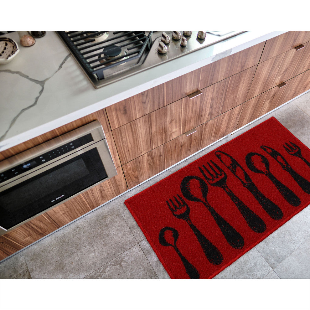 Wool-Effect Kitchen Mat With Chic Cutlery Print, Red, 32x20