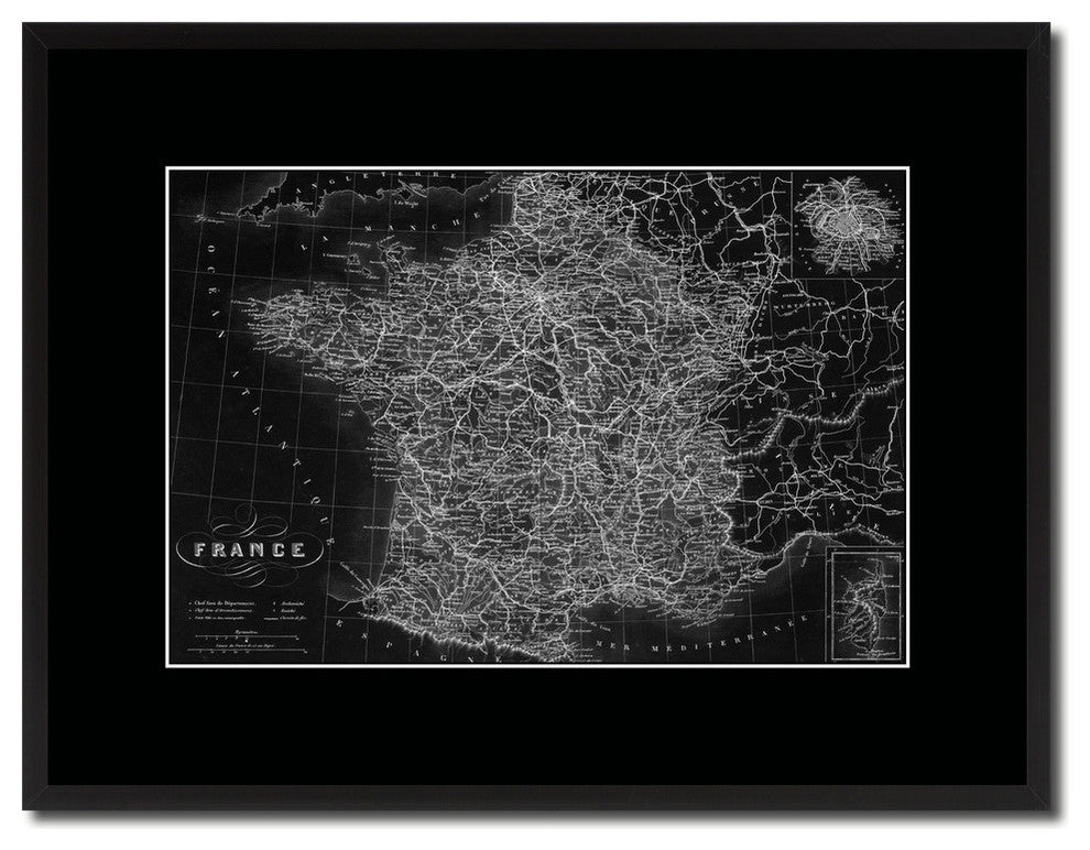 France, Paris Monochrome Map Print On Canvas With Black Custom Frame, 16" X 21"