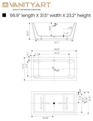 Freestanding Acrylic Bathtub, White/Brushed Nickel, L, 67"