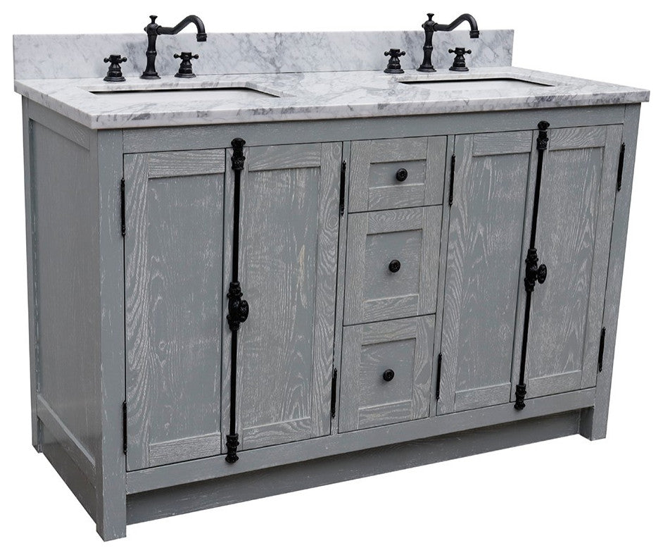 55" Double Vanity, Gray Ash Finish With White Carrara Marble Top