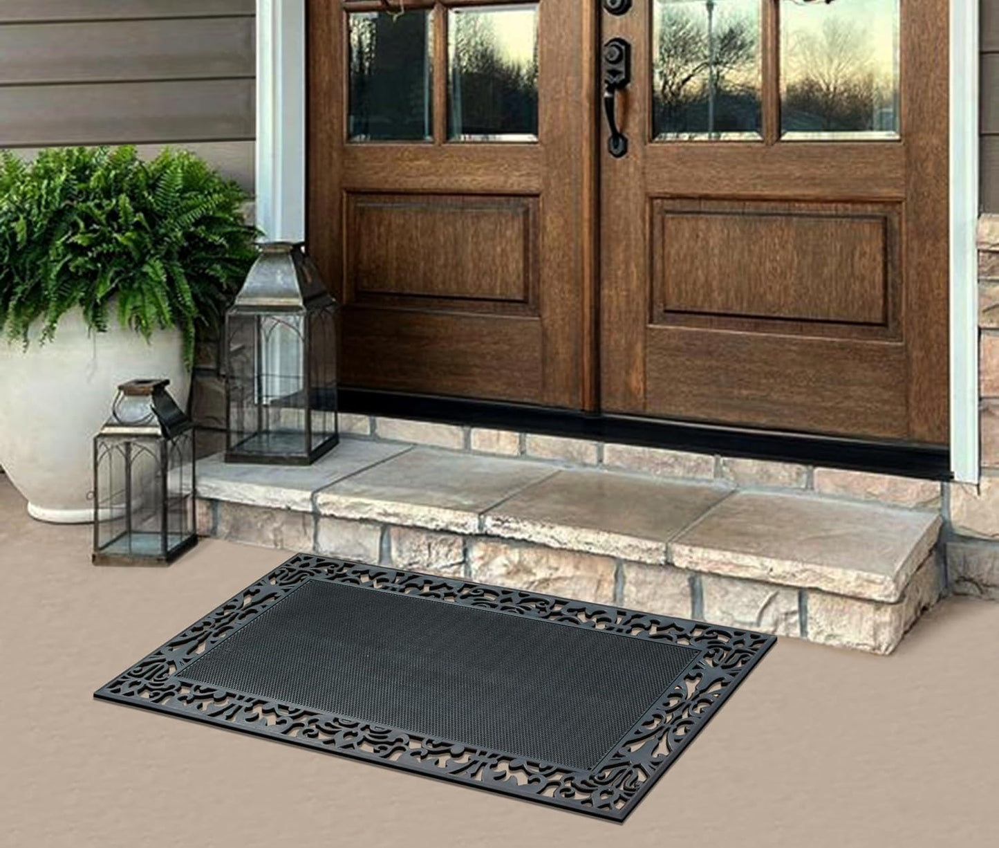 A1HC Rubber Pin Mat Paisley Border Heavy Duty Double Door Doormat 30"x48", Black