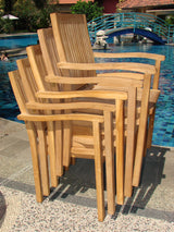 9-Piece Teak Dining Set: 122" X-Large Rectangle Table, 8 Lev Stacking Arm Chairs