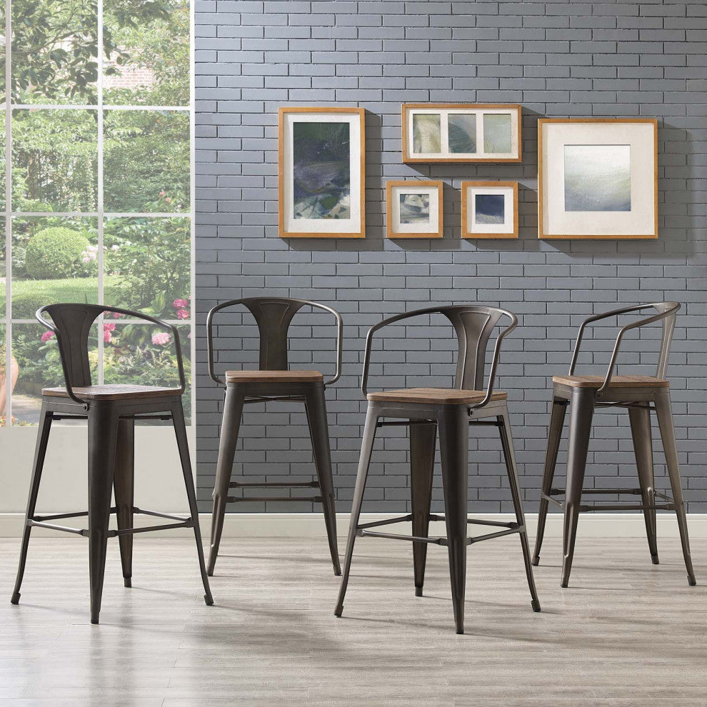 Bar Stool Chair Barstool, Set of 4, Wood, Metal, Brown, Modern, Bar Pub Bistro