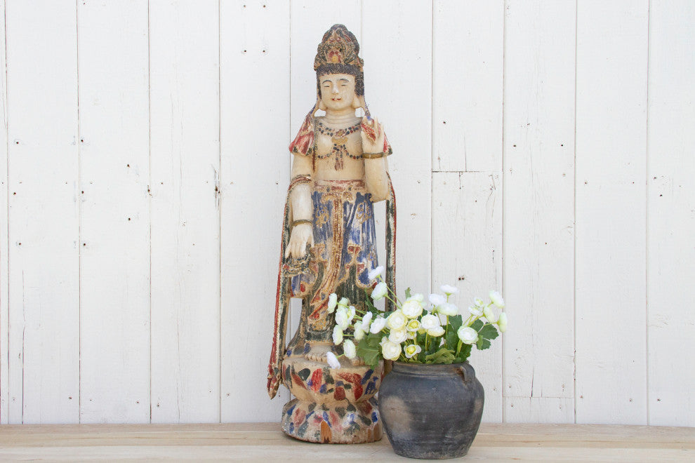 Antique Finely Carved & Painted Chinese Statue