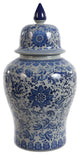 24" Floral Blue and White Porcelain Temple Jar