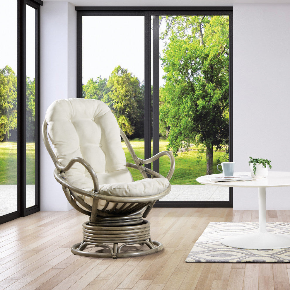 Tahiti Rattan Swivel Rocker Chair, White Fabric With Gray Frame