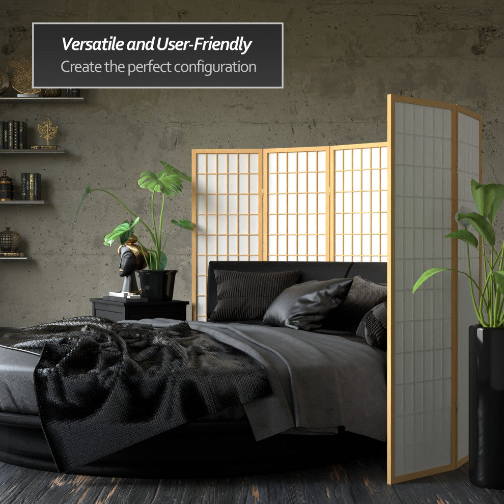 5' Tall Window Pane Shoji Screen, Natural, 5 Panels