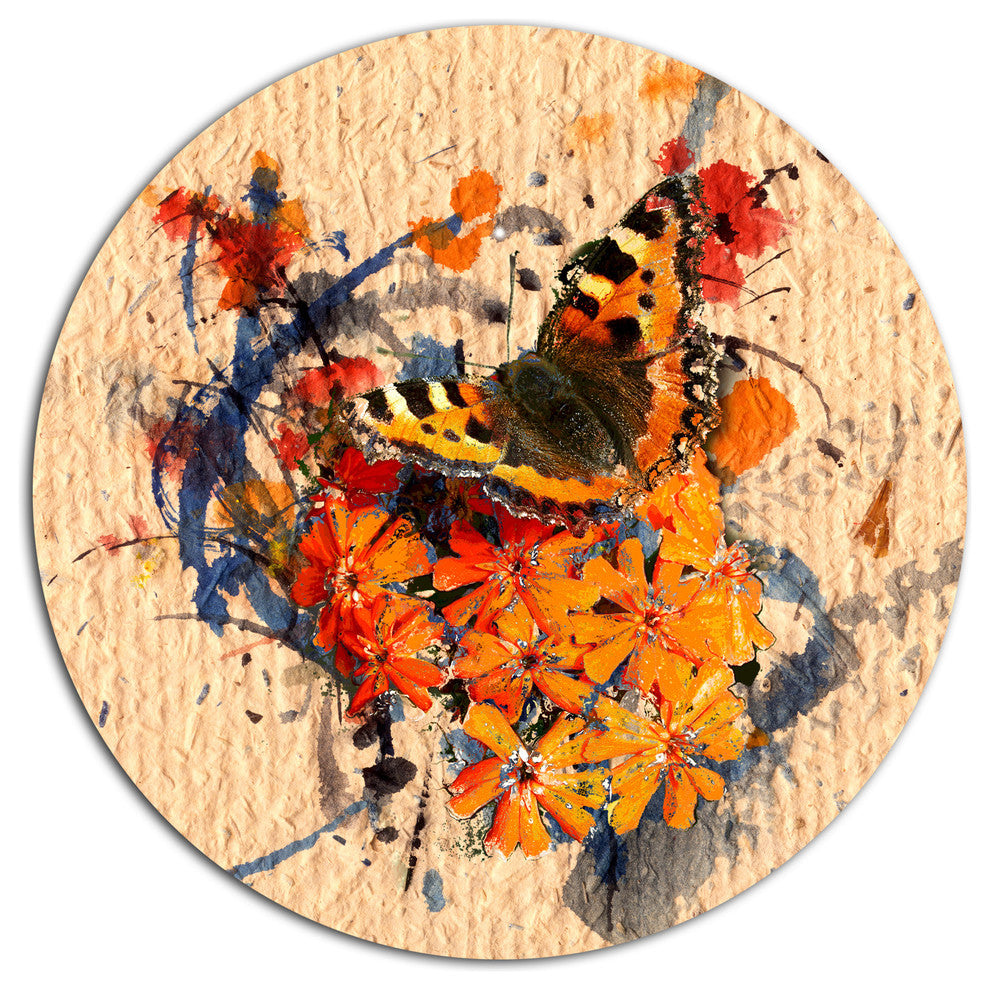 Butterfly And Abstract Art On Paper, Floral Disc Metal Wall Art, 11"