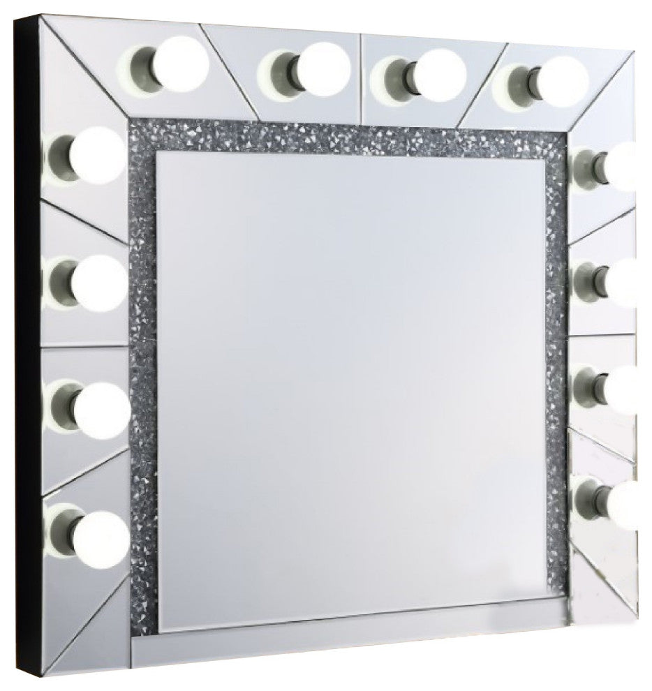 Benzara BM274651 Lighted Wall Mirror, 12 Bulb Sockets, Faux Diamond Trim, Silver