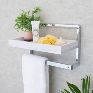 Danya B. Wall Mounted Chrome Towel Rack and Shelf With Removable White Tray