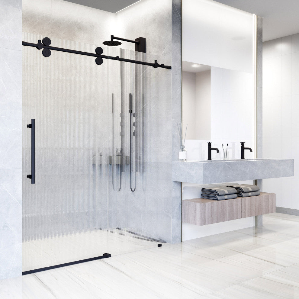 VIGO Elan 56" to 60" W x 74" H Frameless Sliding Shower Door, Matte Black, Left, Fluted Glass