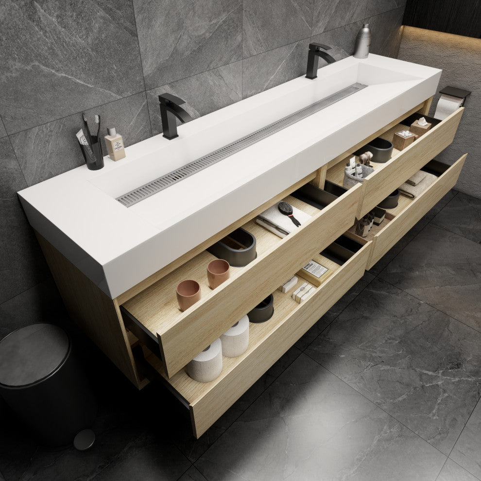 MAX 84" Double Floating Bath Vanity With Acrylic Sink, Coffee Wood, Coffee Wood