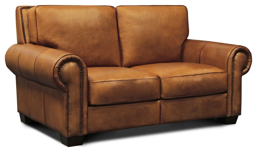 Valencia 100% Top Grain Hand Antiqued Leather Traditional Loveseat, Tan