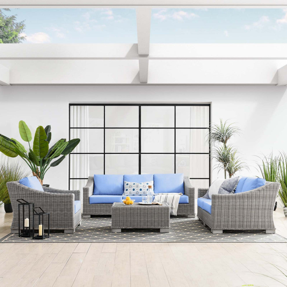Lounge Sectional Sofa Chair Set, Rattan, Wicker, Gray Blue, Modern, Outdoor