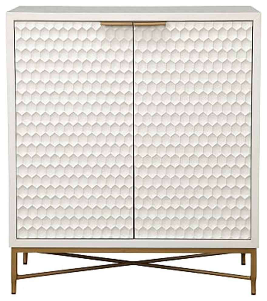 Benzara BM206689 Honeycomb Design 2 Door Bar Cabinet With Metal Legs, White
