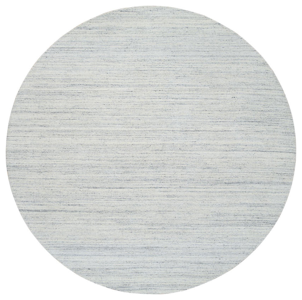 Ivory Hand Loomed Plain Modern Striped Design Organic Wool Round Rug, 10'x10'