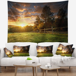 Fenced Ranch at Sunrise Landscape Wall Tapestry, 39"x32"