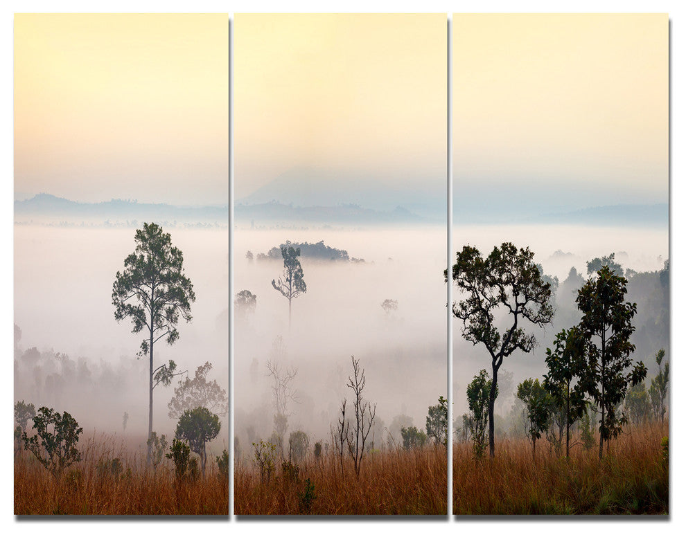 Misty Morning Panorama, Landscape Triptych Canvas Art Print, 36x28, 3 Panels
