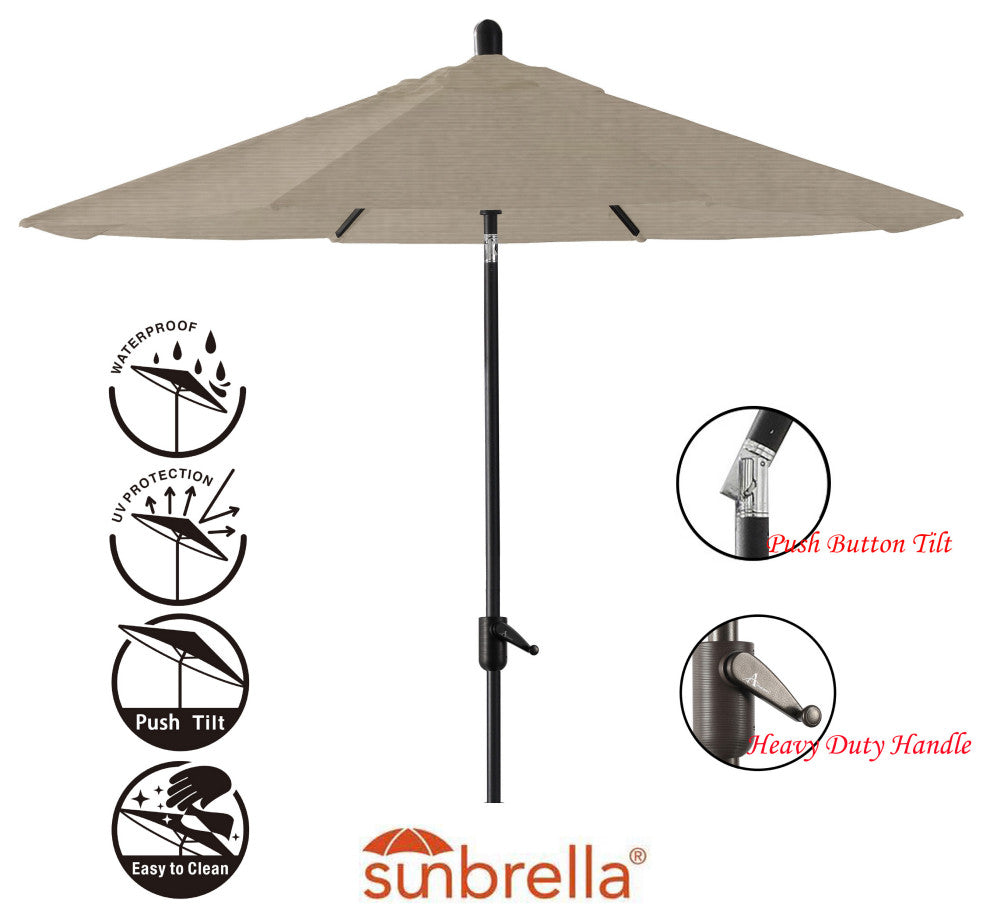 9' Round Push Tilt Market Umbrella, Black Frame, Sunbrella, Taupe