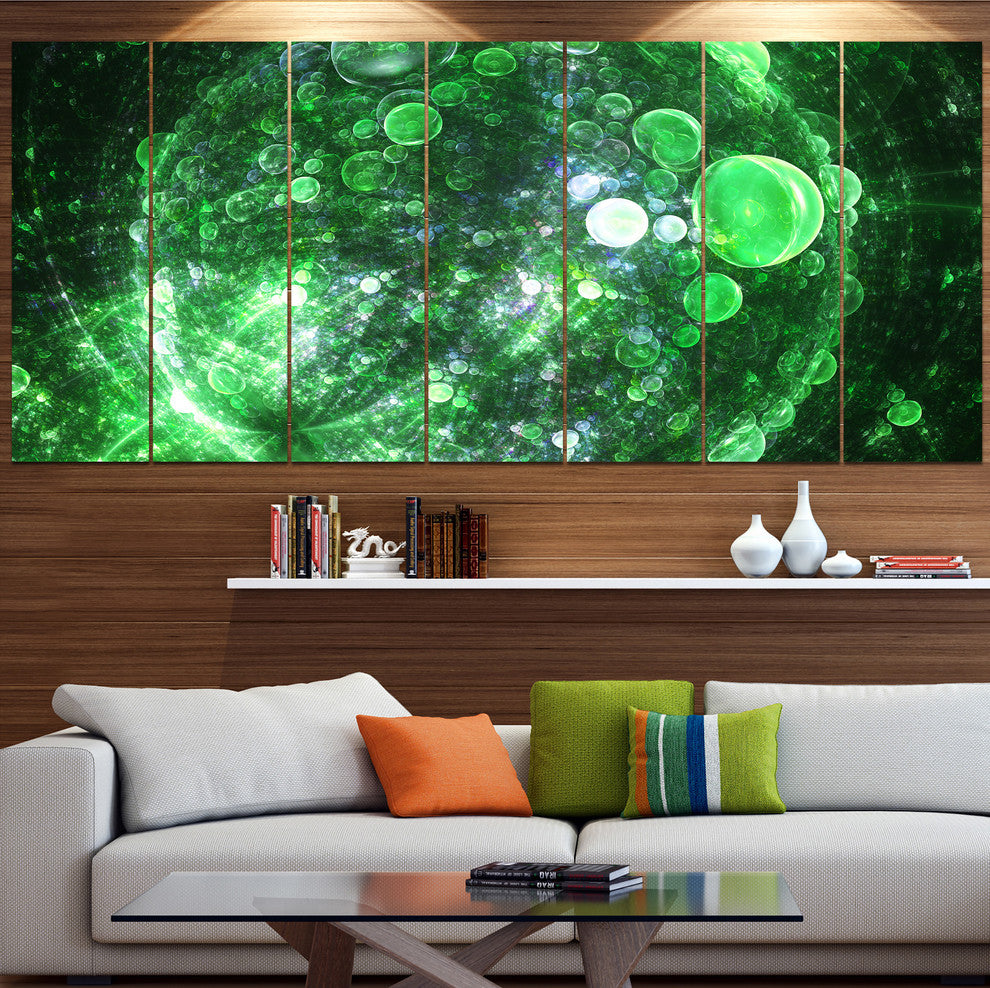 Green Fractal Planet of Bubbles, Abstract Wall Art Canvas, 83"x32", 7 Panels