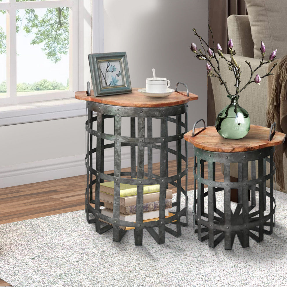 Industrial Grid End Table With Lid Handles Set of 2 Galvanized Gray Brown