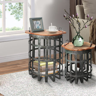 Industrial Grid End Table With Lid Handles Set of 2 Galvanized Gray Brown