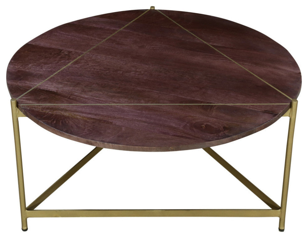 Ellis 32 Inch Round Wood Coffee Table with Brass Metal Base, Brown, Matte Gold