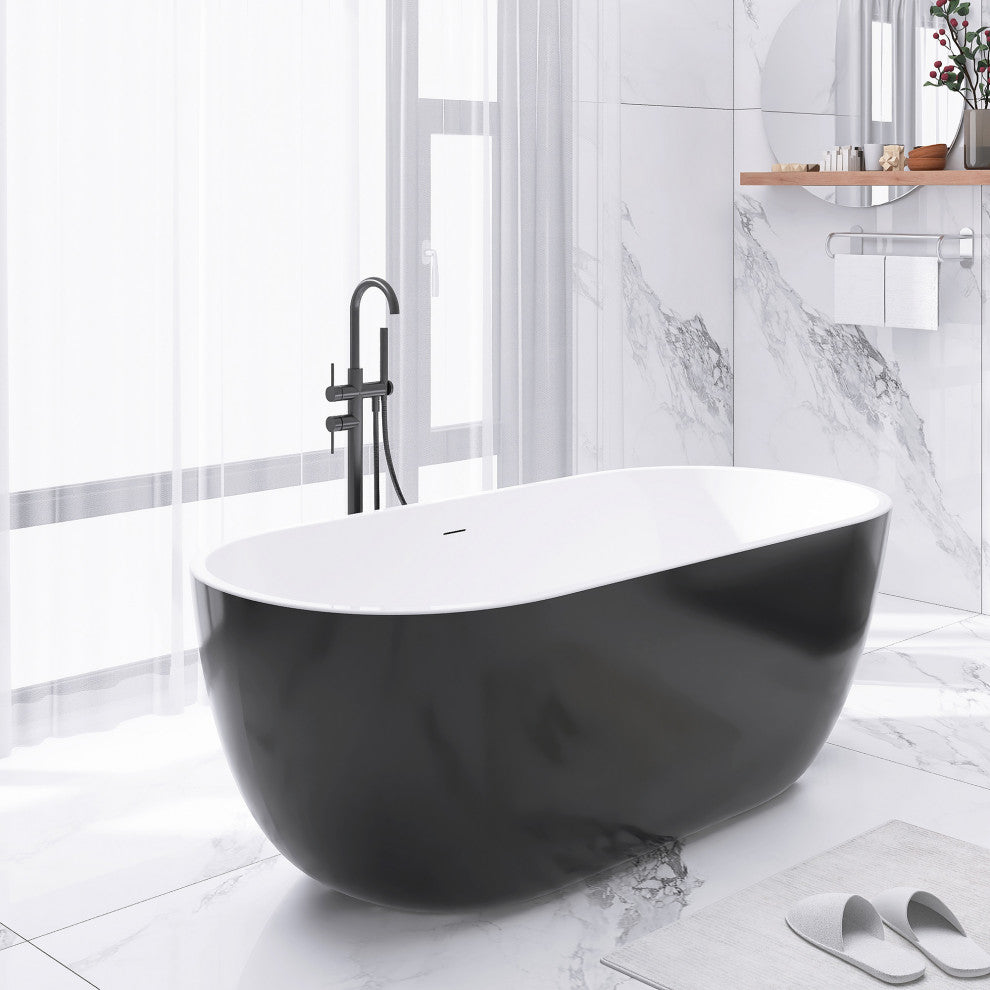 Acrylic Roll-Top Freestanding Flatbottom Soaking Bathtub, Black, 65"30"