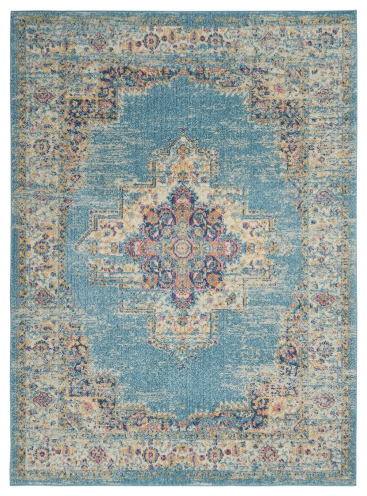 5' X 7' Light Blue Southwestern Power Loom Area Rug