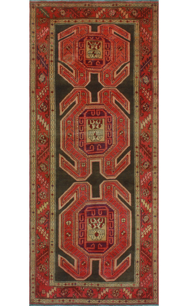 Fine Vintage Distressed Houerv Charcoal/Rust Runner, 4'0x9'6