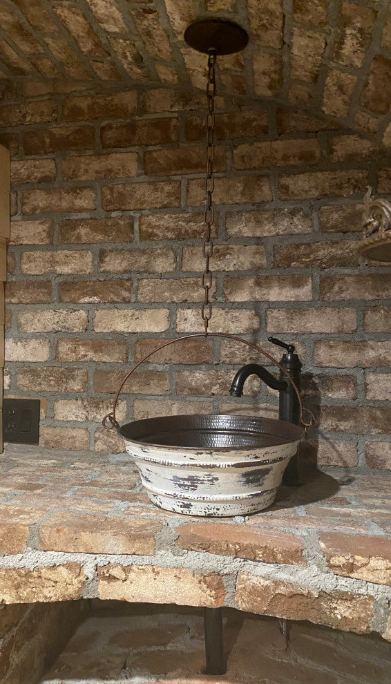 Round Copper Vessel Bath Sink BUCKET Style in Distressed Antique White Exterior