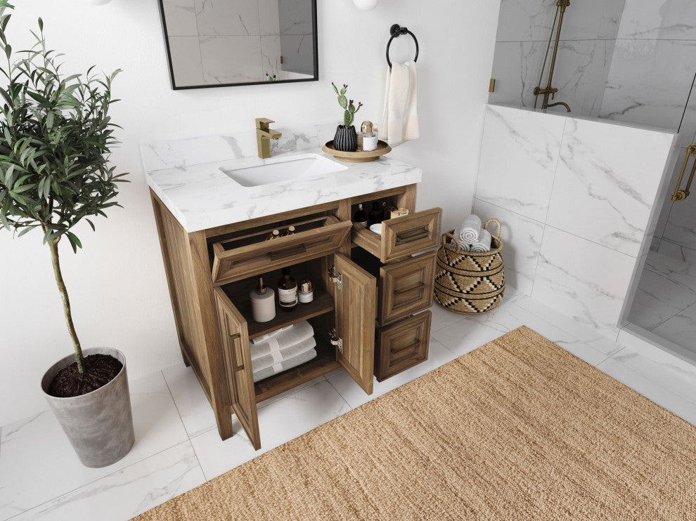 Santa Monica 36 Center Sink Bath Vanity in Graywashed Teak 2" Calacatta Laza