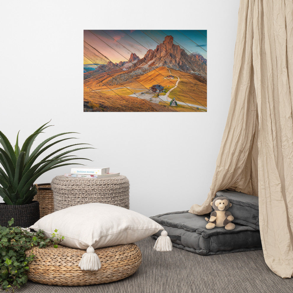 Faux Wood Majestic Sunset & Alpine Mountain Landscape Photo Wall Art Print, 24" X 36"