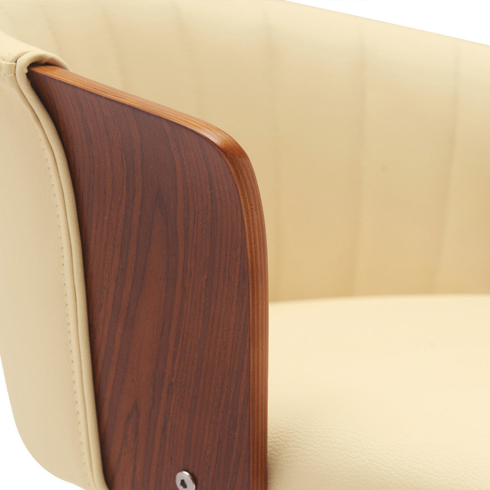 Lydia Adjustable Walnut Wood Bar Stool, Cream Faux Leather With Black Metal, Cream Faux