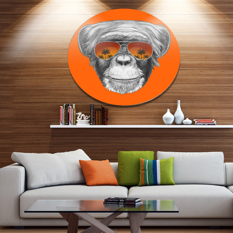 Monkey With Mirror Sunglasses, Animal Round Metal Wall Art, 36"