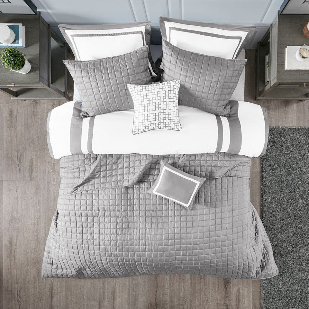 Madison Park Heritage 8 Piece Comforter and Quilt Set Collection, Grey
