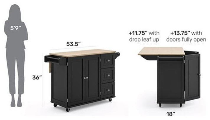 Homestyles Mobile Kitchen Island Cart with Wood Drop Leaf Breakfast Bar in Black