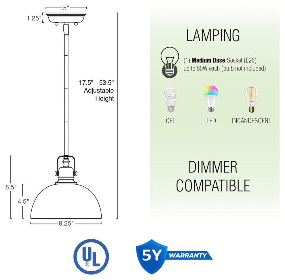 Kira Home Belle 9" Pendant Light, Adjustable Length, Shade Swivel Joint