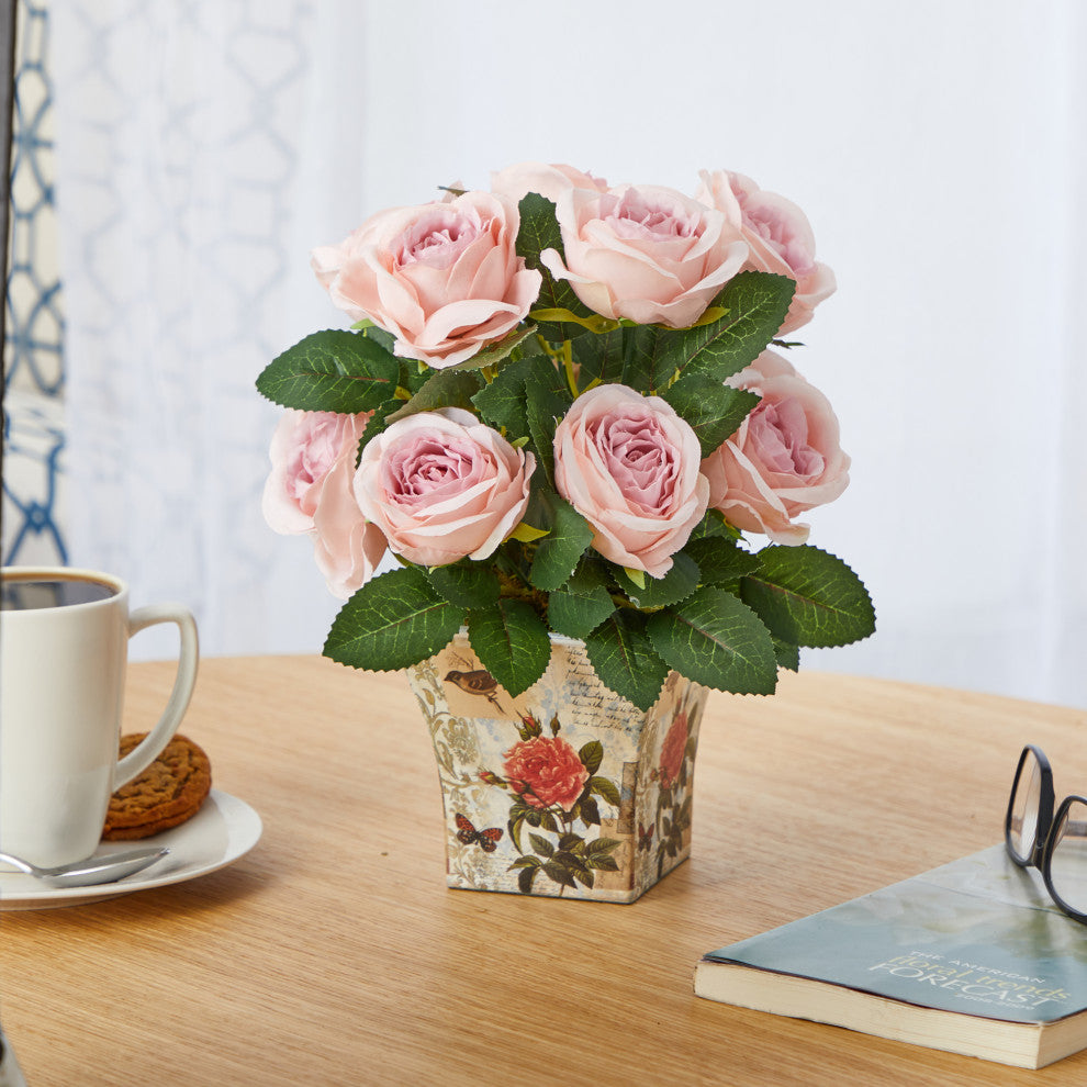 11" Rose Artificial Arrangement, Floral Vase