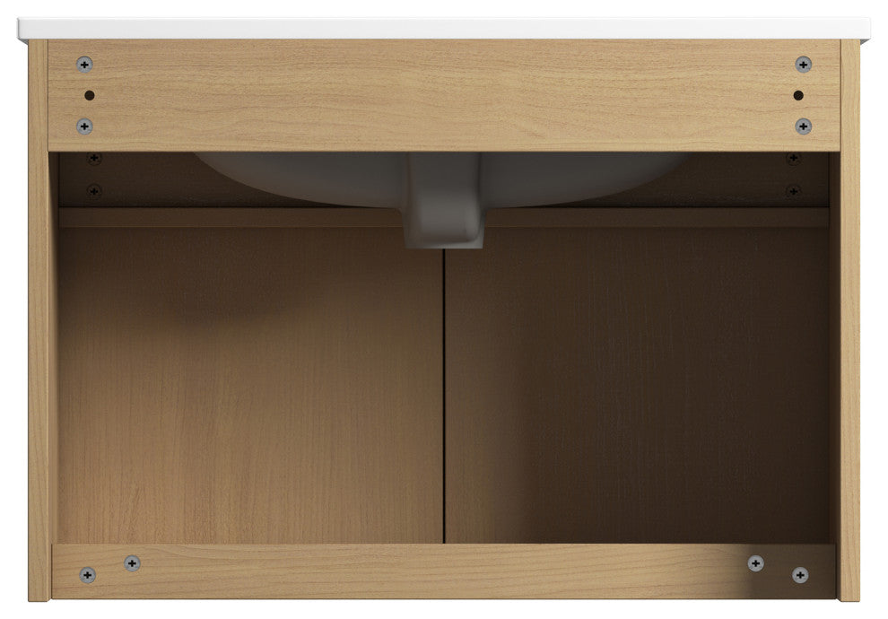Wall Mounted Bath Vanity, Light Oak, Integrated Ceramic Sink, 24"