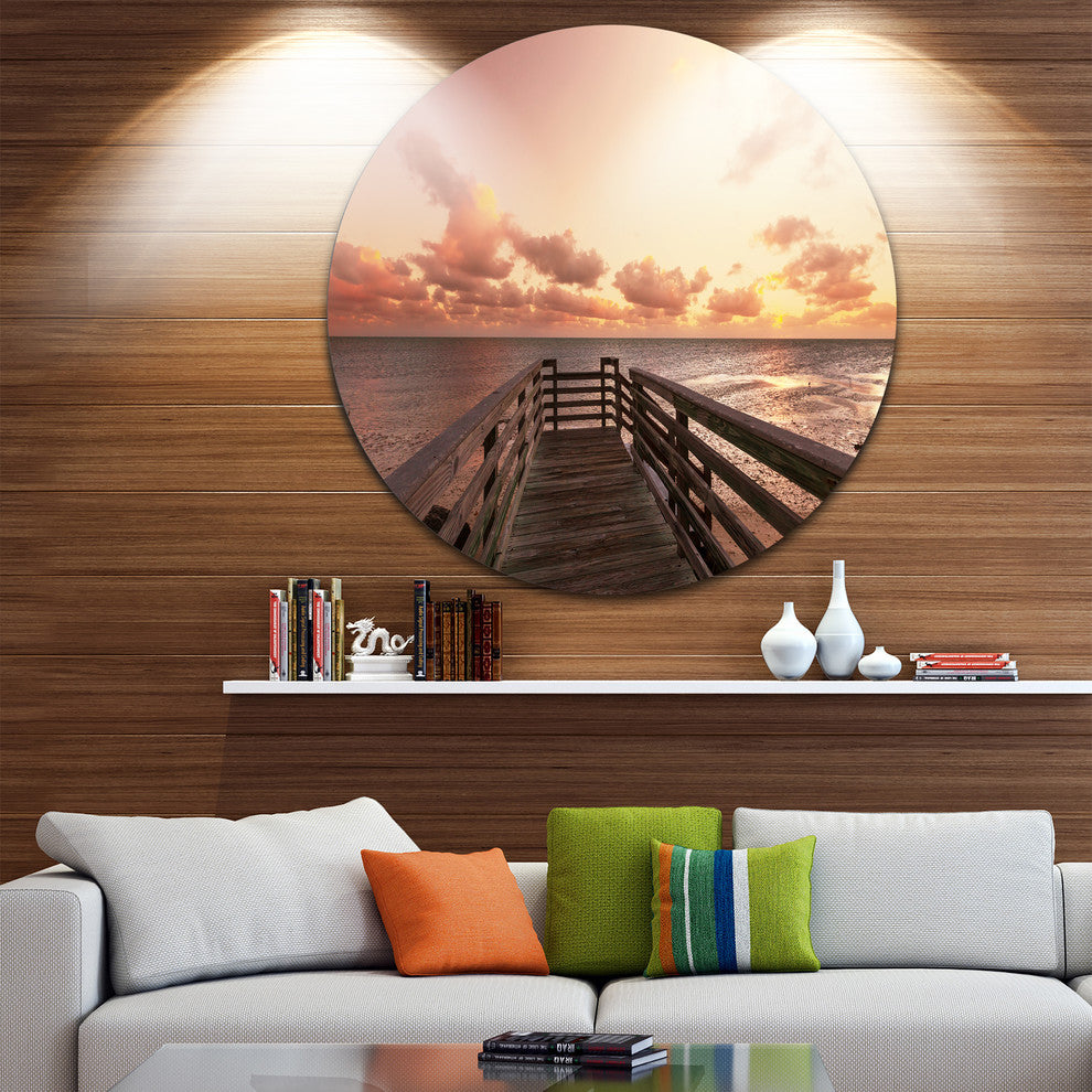 Boardwalk On Beach Wooden Pier, Sea Bridge Round Wall Art, 36"